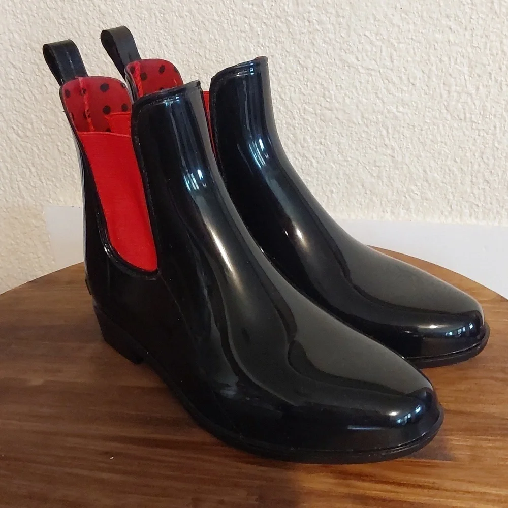 Ralph Lauren| Womens Black/ Red Preppy Mod Short Rubber Rain Boots Sz.7